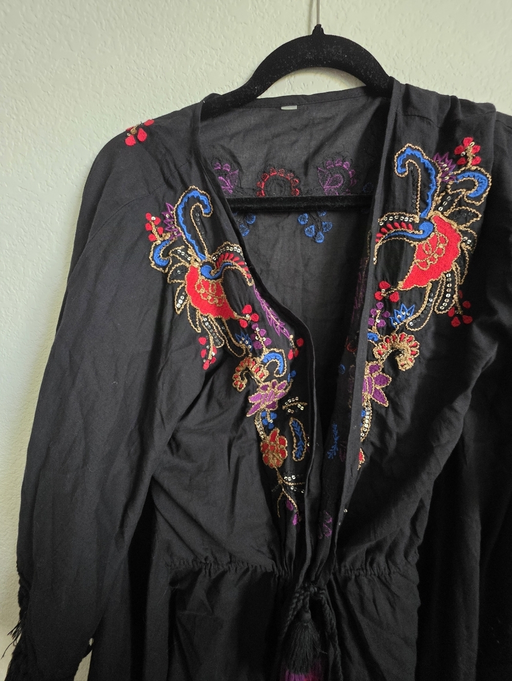 Black Embroidered Fringe Kimono with Colorful Accents - Picture 2 of 5